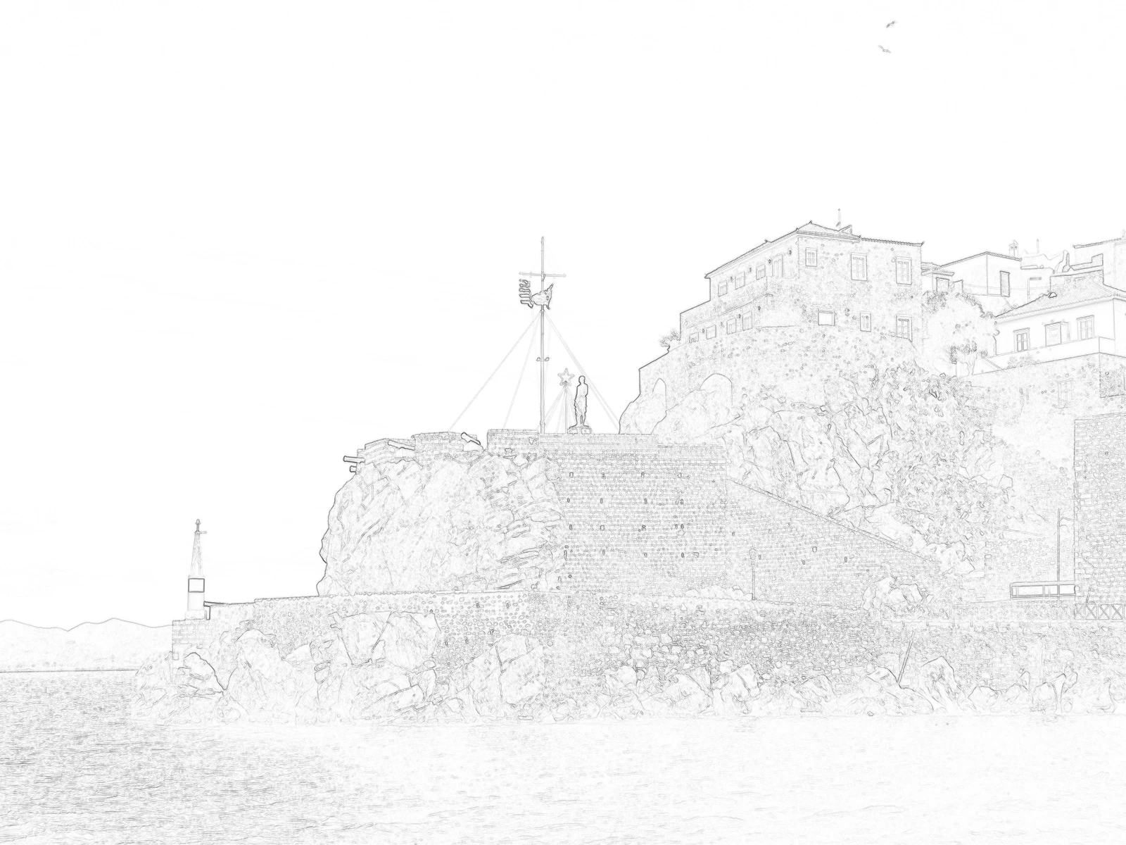 Engraving-style view of Hydra harbour
